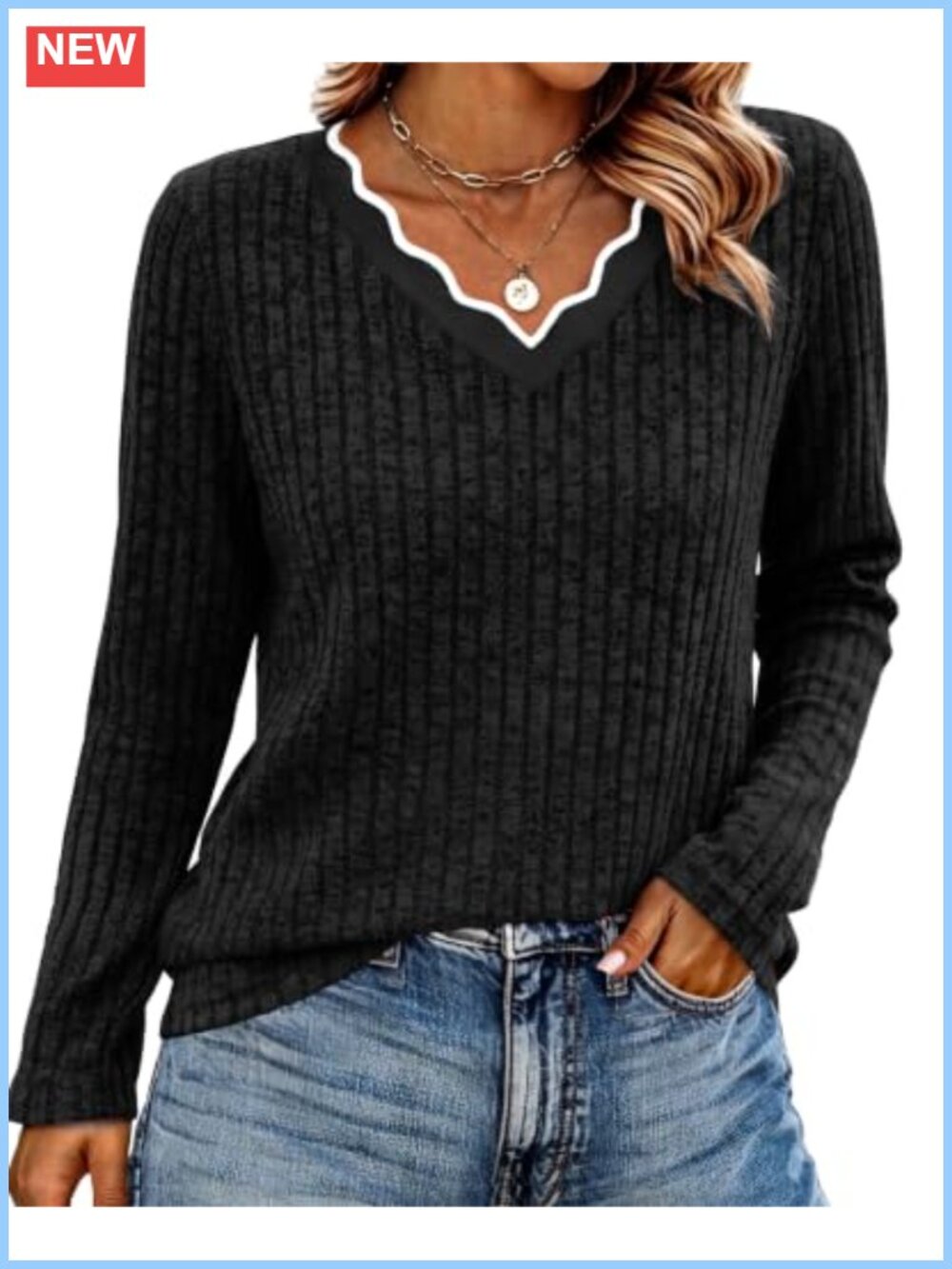 Womens Lightweight Long Sleeve Tunic Sweater V Neck Scallop Casual Fall Top